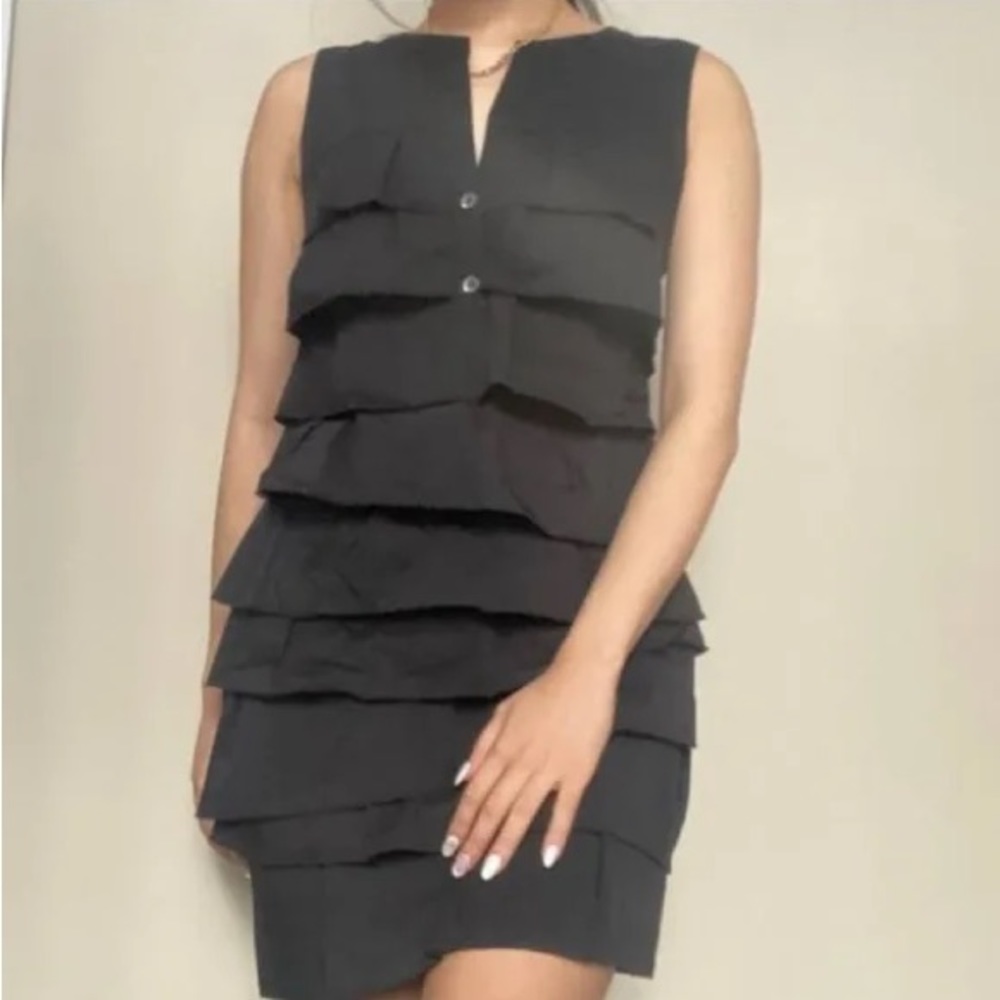 BCBG Maxazria Black Ruffle Dress Cotton Blend Size M